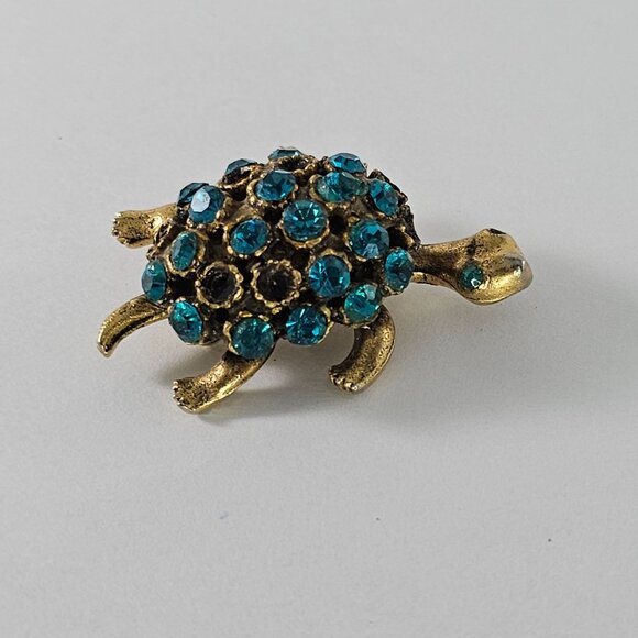 Vintage One Eyed Turtle Rhinestone Brooch Pin Gold Tone Blue Gemstones *AS IS* - Picture 8 of 8